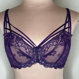 Adore Me Balconette Bra 34C Purple Underwire Cage Lace Sexy Unlined Strappy Mesh